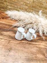 Load image into Gallery viewer, Salt and pepper shaker set | rustic stoneware | white with blue hints