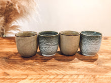 Load image into Gallery viewer, Flat white coffee cups | speckled grey and desert gold | set of four