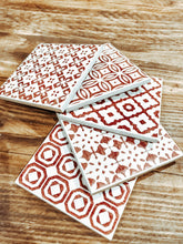 Load image into Gallery viewer, Rosey red | multi pattern | ceramic coaster | set of five