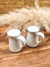 Load image into Gallery viewer, Salt and pepper shaker set | rustic stoneware | white with blue hints
