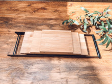 Load image into Gallery viewer, Triple layer | mango wood and black metal | serving tower | antipasti boards | serving boards
