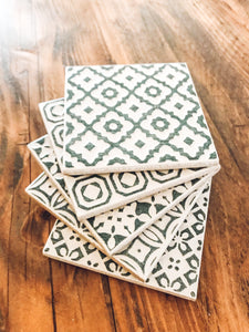 Sage green | multi pattern | ceramic coaster | set of five