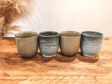Load image into Gallery viewer, Flat white coffee cups | speckled grey and desert gold | set of four
