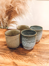 Load image into Gallery viewer, Flat white coffee cups | speckled grey and desert gold | set of four
