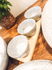 Ceramic bowl set with wooden base | artisan speckled grey