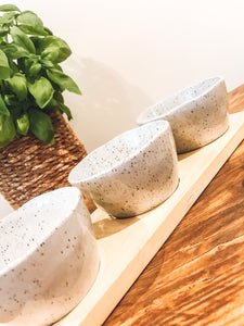 Ceramic bowl set with wooden base | artisan speckled grey