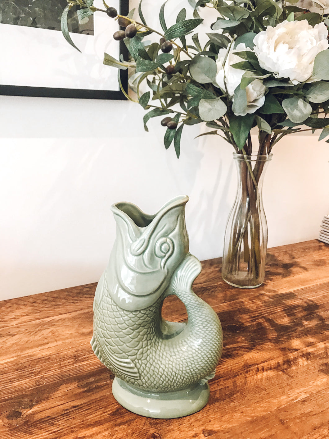Sage green | ceramic gluggle jug | water jug | fish vase | handmade in England
