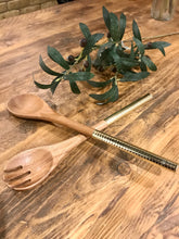 Load image into Gallery viewer, Acacia and hammered gold | salad servers
