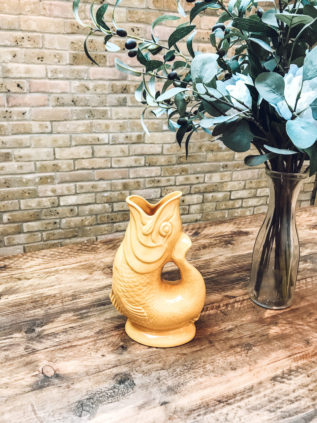 Yellow | ceramic gluggle jug | water jug | fish vase | handmade in England